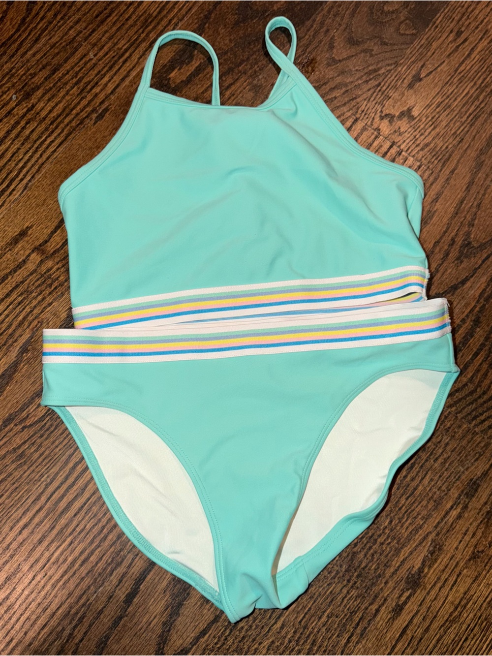 Zella Girls Aqua Two-Piece Swimsuit with Multicolor Stripe Waistband Size 12